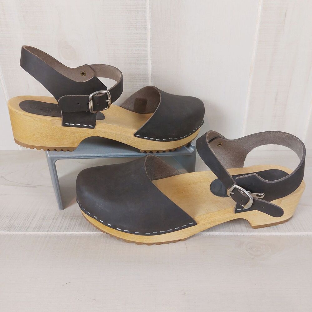 Bjork Alma Swedish Wood Clog Sandals Women's 40 Brown Leather Slingback Buckle